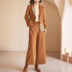 High Low Single Breasted Blazer & Wide Leg Pants Set Vivian Seven Professional Fall Pantsuit With Suit Collar, Professional Pantsuit With Suit Collar For Fall, Brown Long Sleeve Office Suits, Office Lady Suit For Fall, Tailored Long Sleeve Winter Pantsuit, Brown Long Sleeve Double Breasted Suit For Business Casual, Formal Long Sleeve Winter Pantsuit, Formal Long Sleeve Pantsuit For Winter, Professional Pantsuit For Office Use In Fall