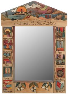 a mirror that is made to look like a lake with many different things on it