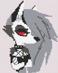 a cross stitch pattern of a cat with red eyes and black hair, wearing a hat