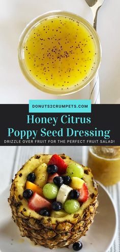 honey citrus poppy seed dressing in a pineapple bowl and on a white plate with a spoon