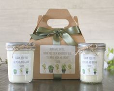 three jars with some plants in them on a table next to a card and box