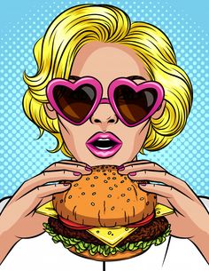 pop art illustration of a woman eating a hamburger with heart shaped sunglasses on her face