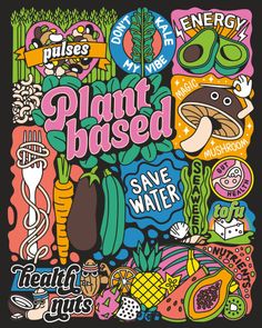 a poster that says plant based save water with an image of animals and plants in the background