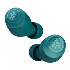 pair of ear buds with logo on each one in teal green colored plastic case