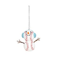 a snowman ornament hanging from a chain