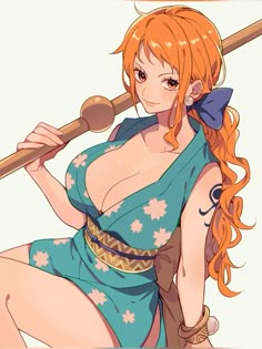 an orange haired woman in a blue dress holding a baseball bat