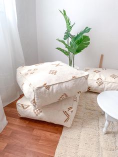 a living room with white furniture and a plant on the floor in front of it