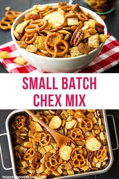 small batch chex mix in a white bowl