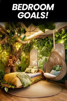 Find your peaceful escape with nature-inspired bedrooms, blending leafy decor and earthy hues for a serene ambiance. 🌿 #NatureInspired #BedroomDecor #TranquilSpaces #HomeDesign Forest Airbnb, Nature Inspired Bedroom, Airbnb Ideas, Tree Bookshelf, Twinkle String Lights, Wood Bed Design, Earthy Hues, Oak Beds, Bedroom Bliss