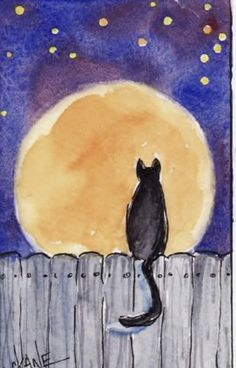 a drawing of a cat sitting on top of a fence at night with the moon in the background