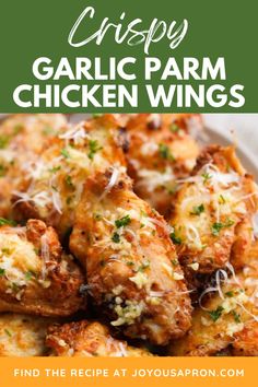 garlic parm chicken wings on a plate with text overlay