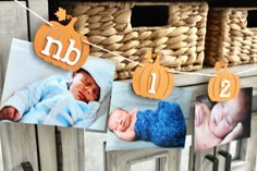 baby pictures hanging from clothes line with pumpkins