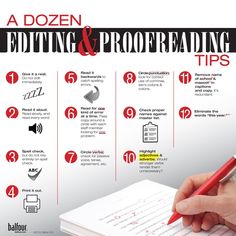 a hand holding a red pen writing on top of a paper with the words editing and proof reading tips