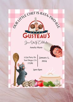 an advertisement for the restaurant gusteau's with cartoon characters and food on it