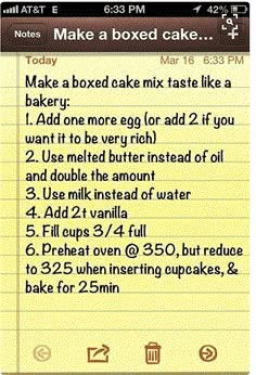 a yellow notepad with instructions on how to make a boxed cake like a bakery