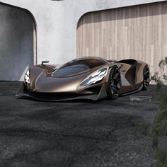 a futuristic car parked in front of a building