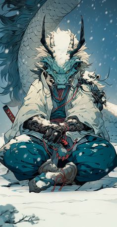 a dragon sitting on top of a snow covered ground next to a person in blue pants