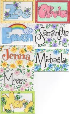 four different name cards with flowers on them