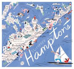 an illustrated map of the state of hampshire, with people on boats and in water