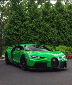 the green bugatti is parked in front of some bushes