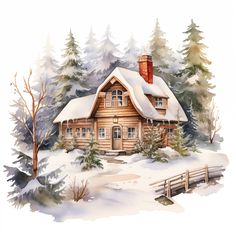 a watercolor painting of a log cabin in the snow