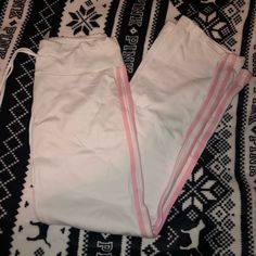 Nwt Size Large White With Pink Stripe Tie String Bling On Back Clothes Pieces, White Track Pants, Red Joggers, White Sweatpants, Pink Sweats, White Joggers, Wishlist 2024, Pink Sweatpants, Polyester Pants