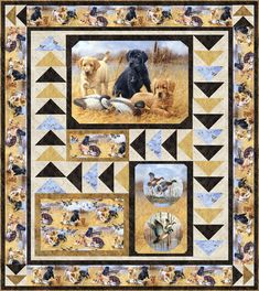 a quilt with pictures of dogs and birds on the front, along with an arrow border