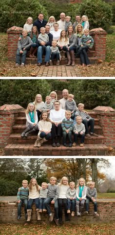 a family sitting on steps in front of a brick wall