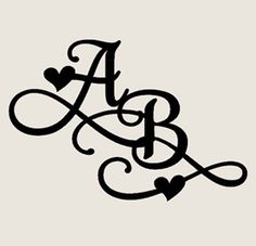 the letter b with hearts is shown in black ink on a white background and has an ornate