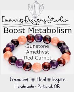 "Beautiful  Genuine Gemstone  Energy Bracelet featuring  Grade A 8mm or 6mm Garnet, Amethyst & Sunstone on a durable stretchy cord will promote energizing your  metabolism, spirit and body. This beautiful bracelet was crafted by ME with love and intention and to help aid in boosting your metabolism, giving you extra energy and aiding in your exercise routine.  Hand crafted from genuine crystals & gemstones handpicked by ME and paired with high quality  hypoallergenic materials great for sensitive skin types (like myself  I make it a priority to use only ethically sourced material and buy locally or during my travels whenever possible.  Size - various sizes available! 7\" fits average women's wrist, size up or down for your comfort.  The best way to determine your bracelet size is to measur Stone Meanings, Power Bracelet, Stone Bead Jewelry, Healing Gemstone Bracelets, Energy Bracelets