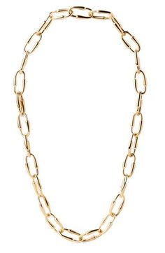 Chunky chain necklace with bespoke links in drop-shaped pattern and a hidden clasp Material: Brass Finishing: 18K Gold plating Link measurements: 23 x 12 mm Length:  adjustable up to 51.5 cm Gold Chunky Chain Necklace, Chunky Chain Necklace, Paperclip Necklace, Jewelry Chunky, Chunky Chain Necklaces, Chain Loop, Mens Uggs, Fragrance Gift Set, Chunky Necklace