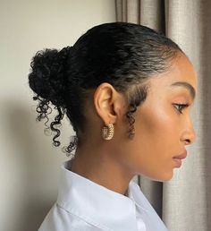 Slickback Bun 4c, Low Messy Bun Natural Hair, Low Slick Bun Natural Hair, Sleek Bun Black Women Natural, Natural Hair Sleek Bun Black Women, Bun With Curls Hanging Down Natural Hair, Natural Hair Low Ponytail, Clean Girl Hairstyle Black Women, Curly Buns Black Women