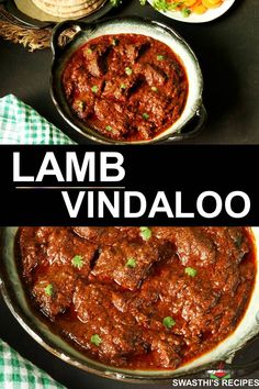 lamb vindalloo in a skillet with the words lamb vindallo on it