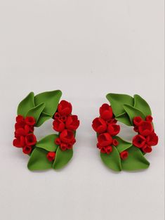 pair of red flowers and green leaves on white background with space for text or image