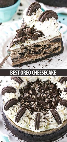 two pictures of oreo cheesecake on a plate