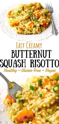 two plates with different types of food on them and the words, easy creamy butternut squash risotto