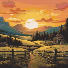 a painting of a sunset over a farm with mountains in the background and a small cabin on the other side