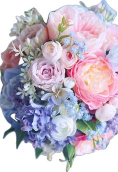 a bouquet of pink and blue flowers on a white background