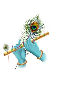 a pair of hands holding a flute with peacock feathers on it and an instrument in the other hand