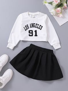 Black and White Casual Collar Long Sleeve  Colorblock,Letter  Embellished Medium Stretch  Toddler Girls Clothing Dompet Koin Diy, Cute Skirt Outfits, Trendy Outfits For Teens, Simple Trendy Outfits