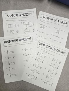 three worksheets with fractions and fraction numbers on the same sheet, sitting next to each other