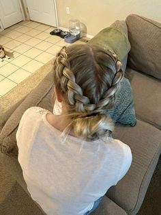 2 Braids Into Messy Bun, Double French Braid Into Bun, Cute Rodeo Hairstyles Long Hair, Tow Braids Into A Ponytail, Dutch Braid Into Messy Bun, Braid In Back Of Hair, Cute Outfits With French Braids, French Braid To Space Buns, French Braid Into Messy Bun