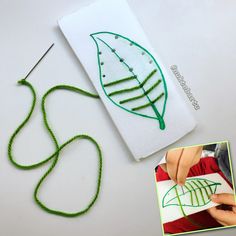 a piece of paper with green thread on it next to an image of a leaf