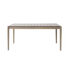 the table is made out of wood and has a rectangular top with slatted edges