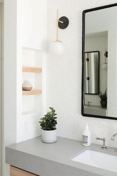 a bathroom sink with a mirror above it and a potted plant on the counter