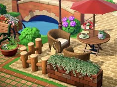 an animated image of a patio with chairs, tables and flowers in the garden area