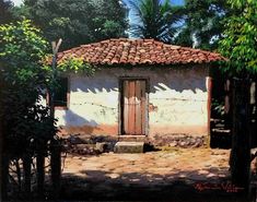 a painting of a small house in the middle of some trees and dirt ground with an open door