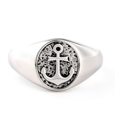 Inspired by intrepid sea adventures, our Anchor Men's Ring will take you away to the world where pirates rule the land. Crafted in sterling silver, this masculine accessory has an impressive level of detail. Wear on its own - the exquisite amount of detail requires no additional accessorizing or style to help finish off an outfit to perfect.Weight: 5.32 gWidth: 11.1 mmHeight: 3.7 mmThickness: 2.8 mmMaterial: Plating Color: Silver Anchor Rings Mens, Artistic Earrings, Anchor Earrings, Men's Wedding Bands, Navy Anchor, Jewelry Gift Ideas, Sterling Silver Mens Rings, Mens Silver Rings, Sterling Silver Mens