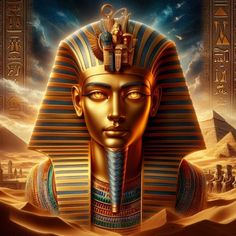 an image of the egyptian god tutan with his head in gold and blue colors