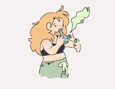 a drawing of a woman holding a toothbrush in her right hand and looking at it